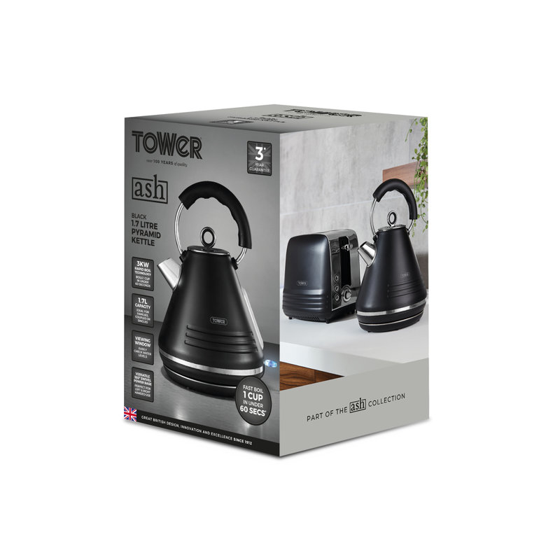 Tower Ash Rapid Boil Pyramid Kettle with Easy Open Lid, Removable Filter, 1.7L, 3KW, Black 