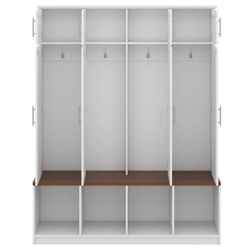 Arbre d'entrée de style campagnard, banc multifonctionnel, armoire à chaussures avec compartiments ouverts, 4 crochets de suspension et 8 portes