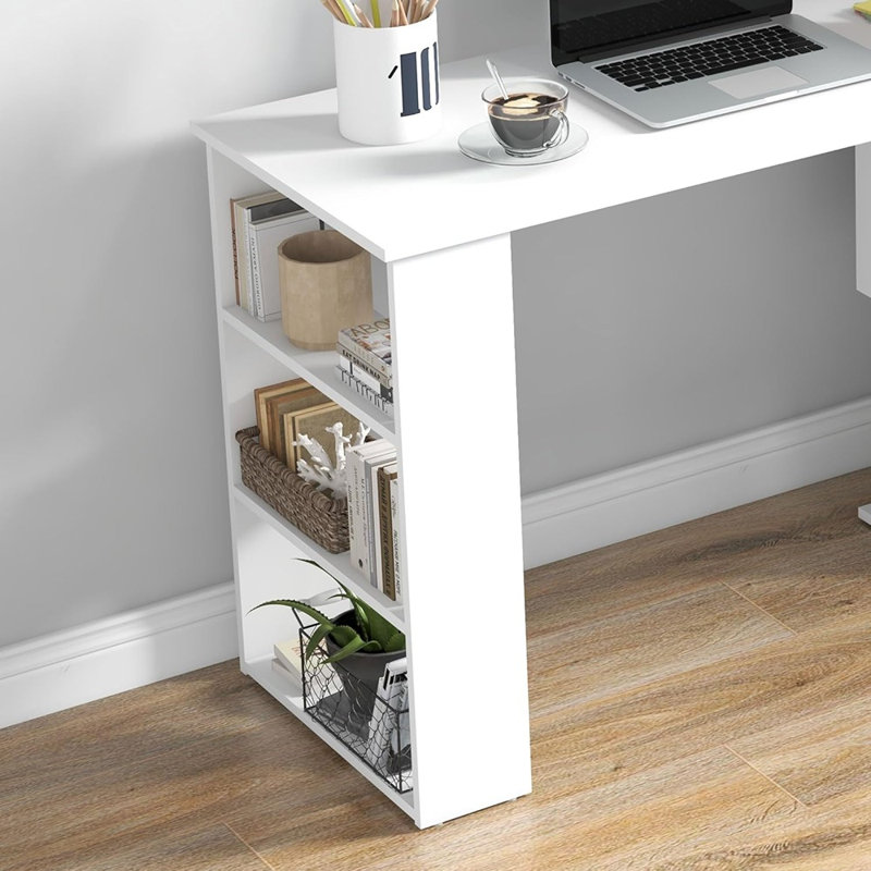 Bureau en coin en L pivotant à 360 ° en blanc - Poste de travail avec tablettes de rangement et table d'écriture