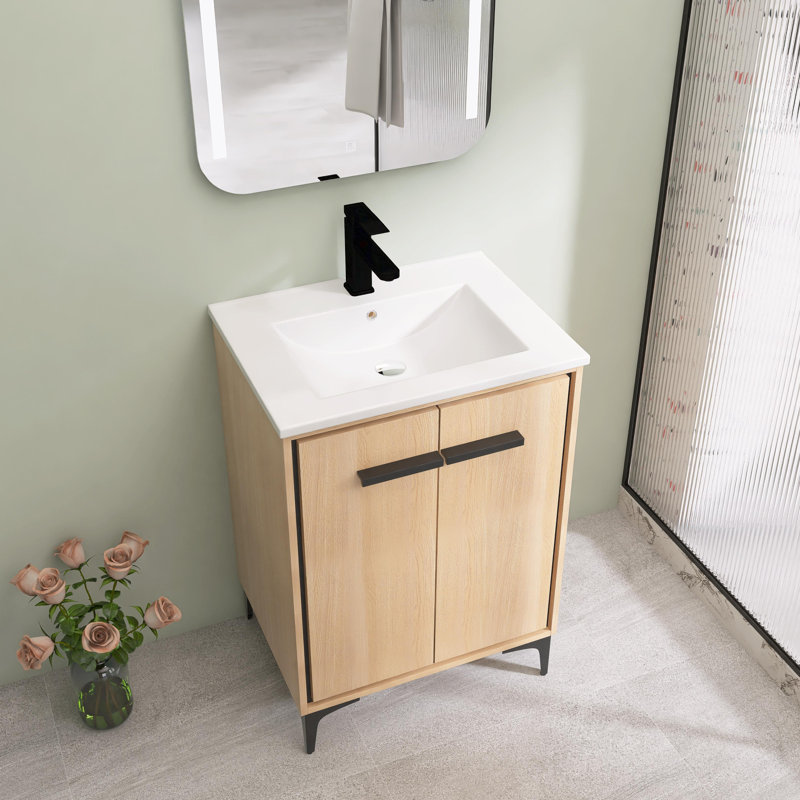 24" Freestanding Bathroom Vanity with White Resin Vanity Top & 2 Soft-Close Cabinet Doors