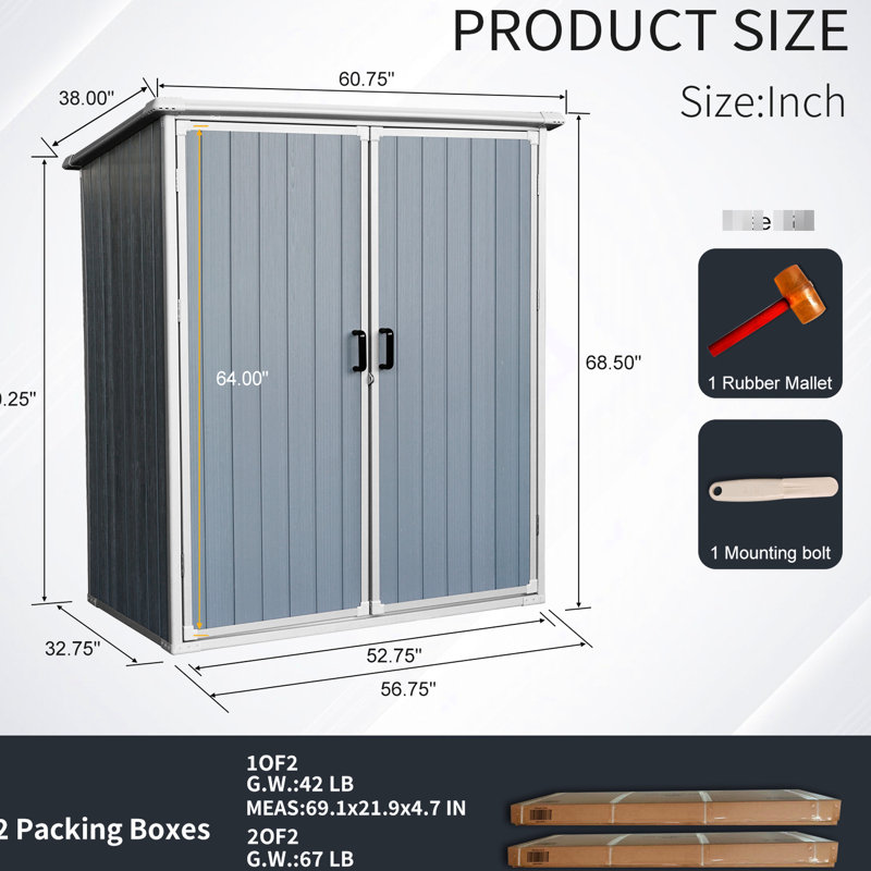 Remise de rangement extérieure imperméable 5X3ft, Gris