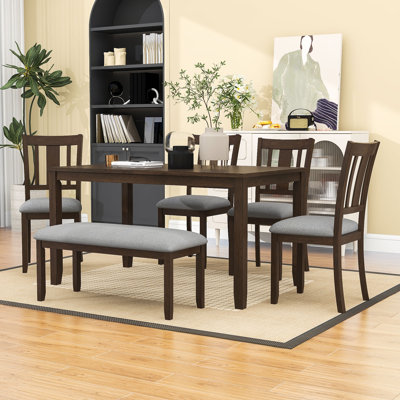 6-Piece Space-Saving Dining Table Set, Rectangular Dining Table with Upholstered Chairs and Bench