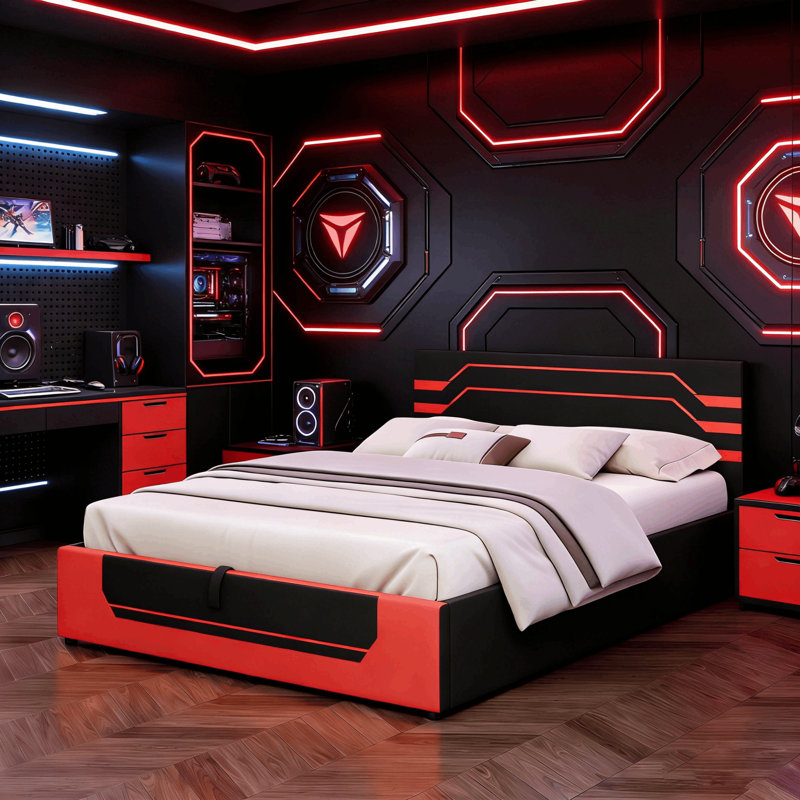 Grand lit tapissier moderne avec rangement relevable, lit plateforme de jeu, Rouge