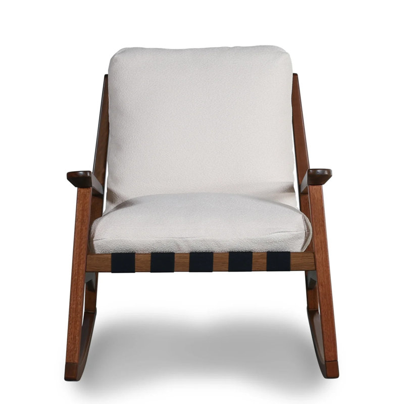 Chaise berçante Mid Century, Bouclé performance blanc cassé, Noyer brossé