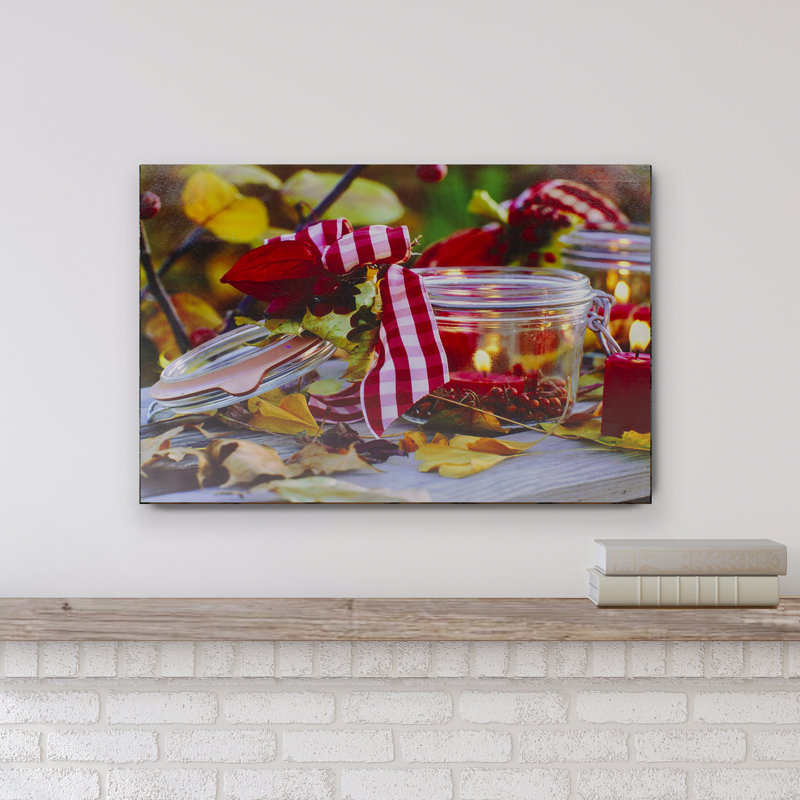 Art mural sur toile à DEL avec bougie d'automne et baies 23,5 po x 15,75 po
