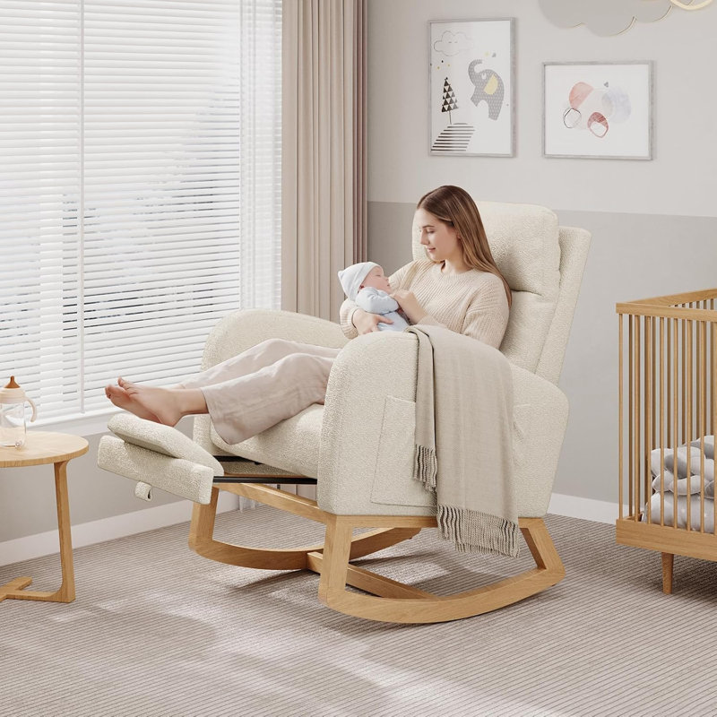 Chaise berçante en molleton avec repose-pieds Teddy, Blanc