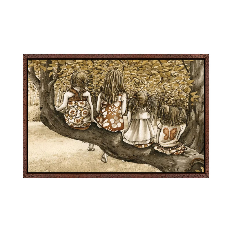 The Tree Climbers by Tracy Lizotte - Painting on Canvas, 66.04cm H x 101.6cm W x 3.81cm D, Classic Brown Wood Framed