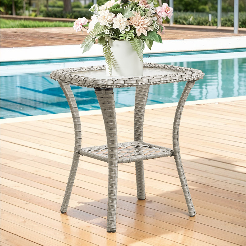 Abbey Stylish Outdoor Wicker Side Table With Glass Top, Light Gray, 22.8" H x 19.9" W x 19.9" D