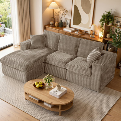 96“Boneless L-Shaped Modular Sectional Couch, Reversible Chaise (Left & Right Convertible), Modern Upholstered Corduroy Cloud Sofa with Deep Seat for living room,Khaki