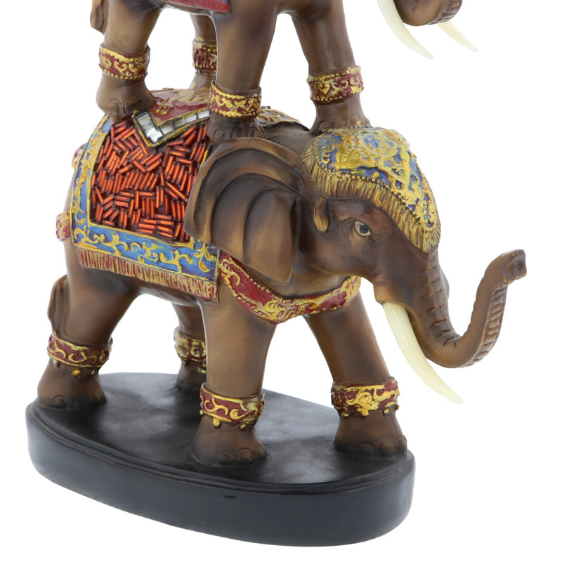 Brown Polystone Stacked Elephant Figurine with Colorful Patterns