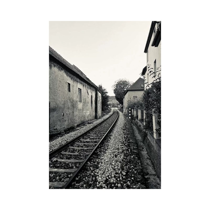 Train Tracks In Black And White by Susan Vizvary - Print on Canvas, Wrapped Canvas, 20.32 cm H x 30.48 cm W