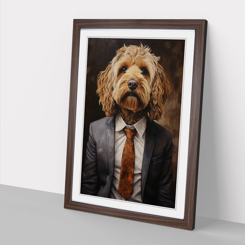 Cockapoo In A Suit Painting No.4 - Single Picture Frame Print on Wood, 34cm H x 25cm W x 2cm D, Walnut Framed