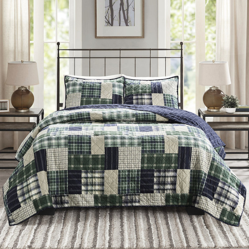 Courtepointe très grand / très grand et bleu marine, imprimé patchwork réversible, revers en tissu écossais, rembourrage en coton, taies décoratives à fermeture à glissière, tissu bleu marine lavable, tissu écossais, fermeture à glissière, facilement