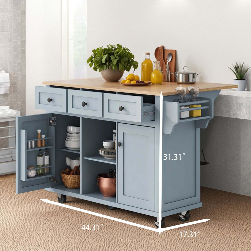 Kitchen Cart: With Rubberwood Flip-top, Interior Storage Shelves In Cabinet Doors, 5-wheel Design, Storage Cabinets And 3 Dining Drawers.