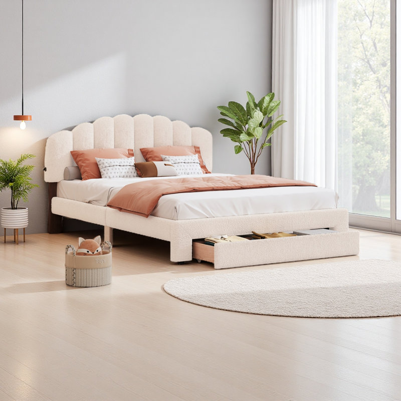 Teddy Fleece Queen Size Upholstered Platform Bed With Drawer, Beige