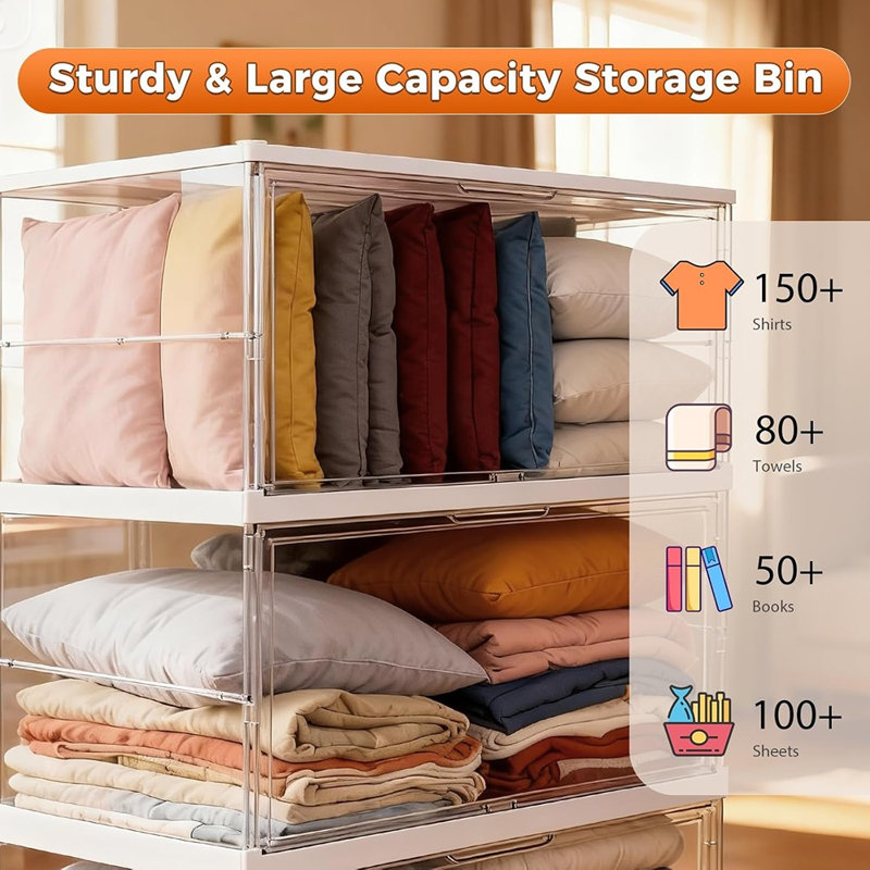 Ultra Large Foldable Storage Bins, Collapsible Closet Organizer Containers, 4-Tier Plastic Storage Cabinet With Lids, Bookshelf And Display Case For Bedroom