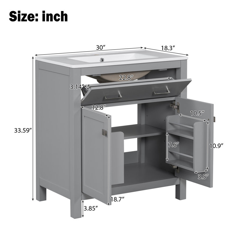 30'' Single Bathroom Vanity With Ceramic Top, Gray