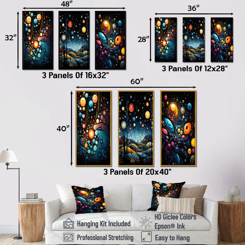 Cosmic Planets Dreams Landscape I - Ensemble de 3 décorations murales fantastiques, Cadre flottant doré, H 32 po x l 48 po
