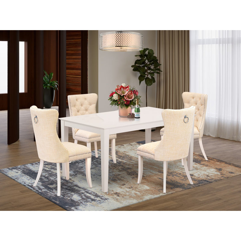 L'ensemble 5 pièces de table et chaises de cuisine contient une table de salle à manger rectangulaire et 4 chaises rembourrées en tissu de polyester, 36 x 60 pouces, lin blanc