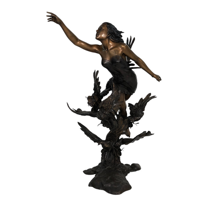 Sculpture de jardin en bronze avec des nuages et des oiseaux
