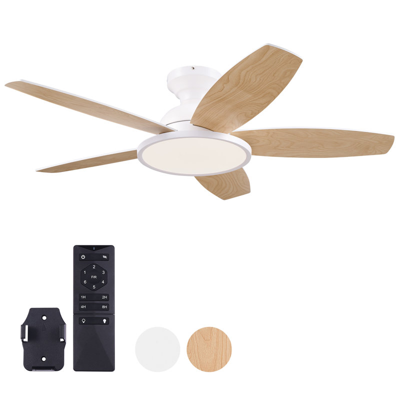 Low Profile 5 - Blade Flush Mount Small Room Ceiling Fan with LED Light and Remote, White with White/Oak Wood Blades, 42"