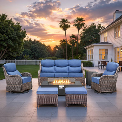 Bruner 6-Piece Wicker Rattan Patio Fire Pit Table Conversation Set With Swivel Gliders And Ottomans