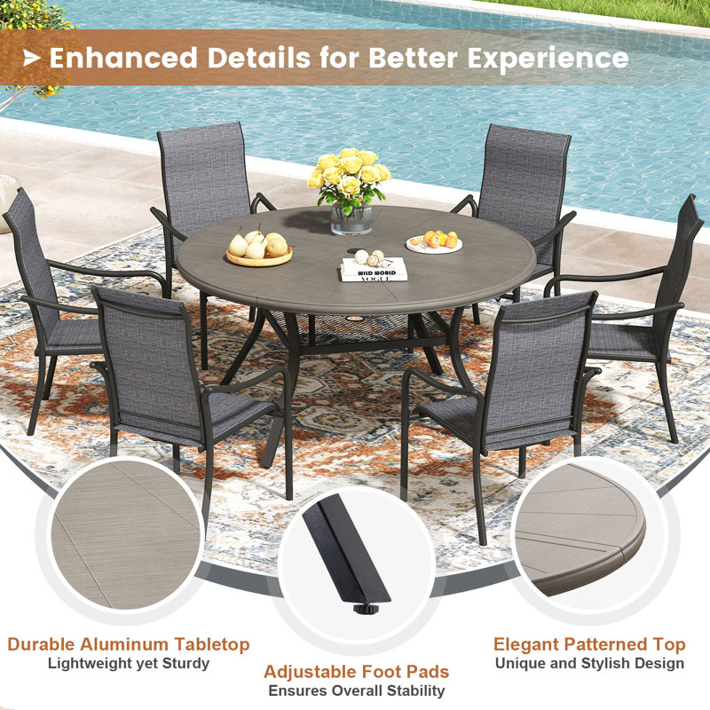 6-Person Aluminum Round Patio Dining Table, Brush Wood Gray