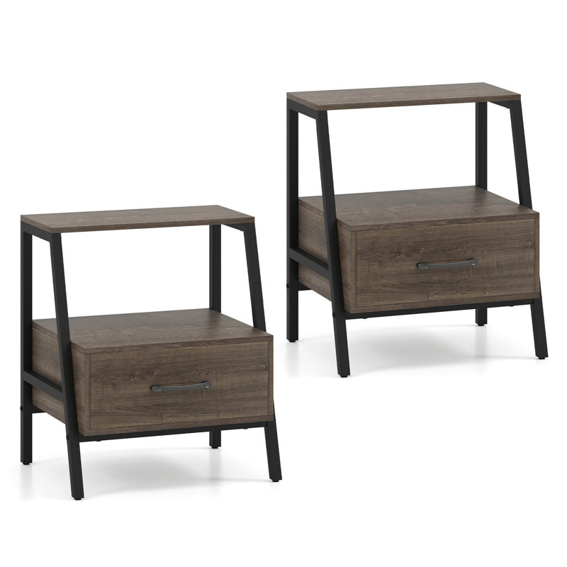 2 PCS Nightstand with Drawer Farmhouse 3-Tier Bedside Table with Open Shelf End Table