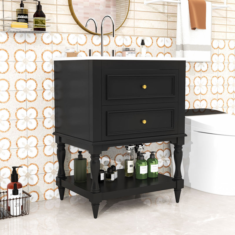 Meuble-lavabo autoportant rétro avec lavabo en céramique ultrabrillant, grand rangement et tablette ouverte, Noir