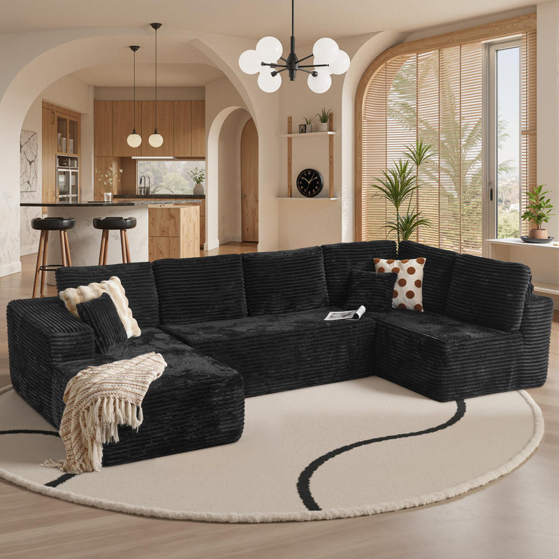 Cloudelle 3-Piece L-Shaped Plush Corduroy Sectional Sofa – No Assembly Required, Black Corduroy