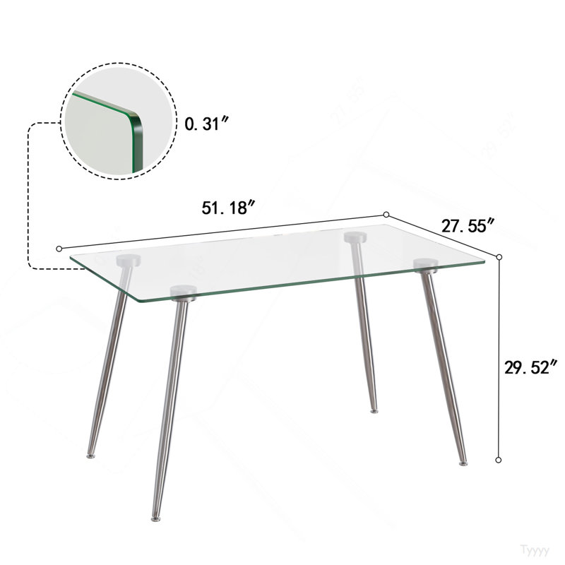 Table de salle à manger en verre, table rectangulaire moderne avec plateau en verre trempé et pieds en métal argenté, table de cuisine simpliste, table polyvalente pour le bureau personnel (0 dommage)