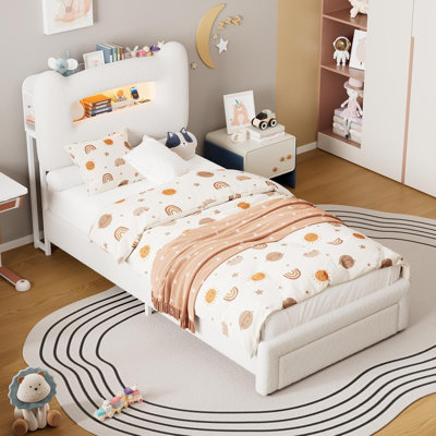 Twin Size Led Bed Frames with Drawer for Kids, Upholstered Sturdy Platform Bed with Storage Headboard and Charging Station, Low Profile Design for Kids/Girls/Boys, Noise Free, White
