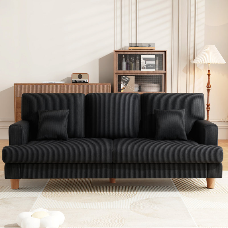 220cm Corduroy Sofa with 3 Seats, No Tool Assembly,Solid Wood Frame and Solid Wood Legs, Black