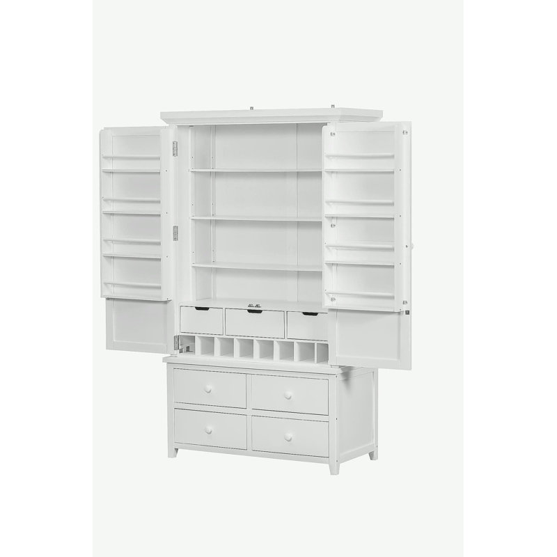 Grande armoire de rangement autoportante en bois avec 8 portes, 3 tablettes réglables, 7 tiroirs et 8 supports à vin, White