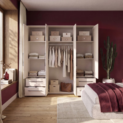 Timeless wardrobe with 4 turning doors and 4 drawers, spacious interior, engineered wood, warm oak decor, 144.4 cm W x 200.1 cm H x 52.7 cm D