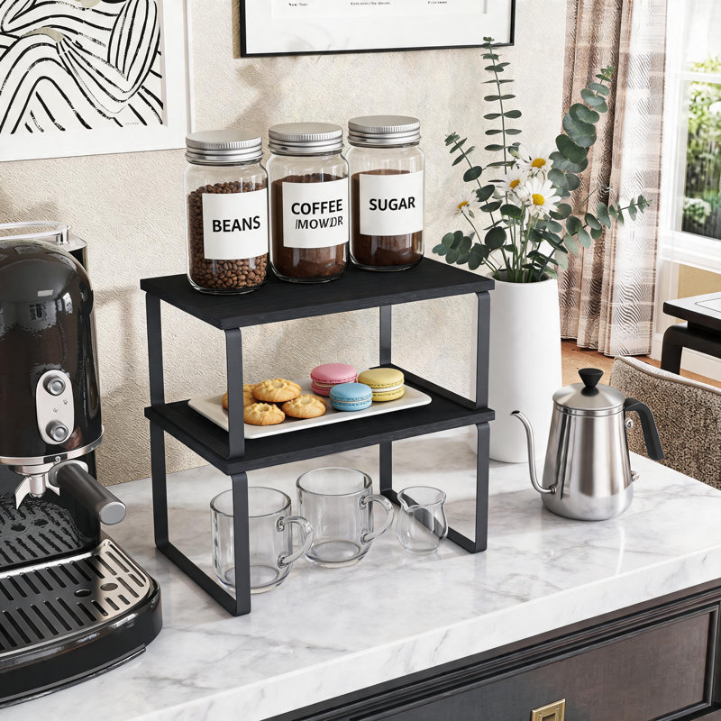Black Wood Grain Double-Layer Metal Shelf, Stackable And Adjustable, For Storing Condiments And Tableware On The Kitchen Countertop.