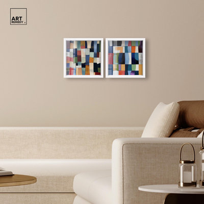 Colorblock Stitches Set Shadowbox Print Colorful Wall Decor Set by Art Remedy, Black Frame, 12 x 12