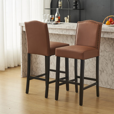 Ensemble de 2 tabourets de bar rembourrés pour îlot de cuisine avec pieds en bois d'hévéa et similicuir avec capacité de poids de 300 lb