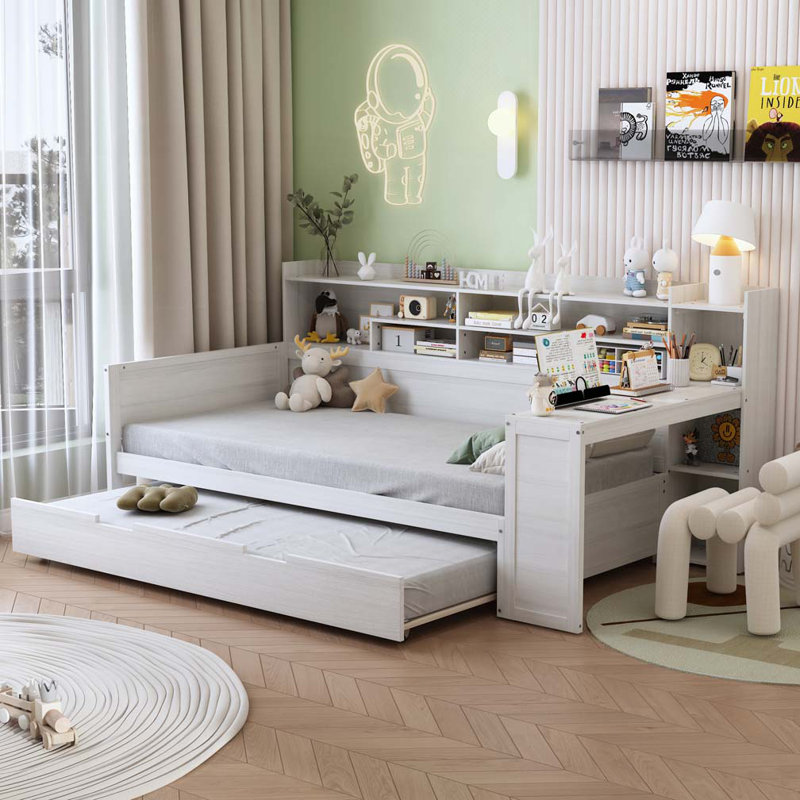Daybed with Storage Shelves, Multi-functional Bed with Twin Size Trundle Bed and Study Desk, Twin, Antique White