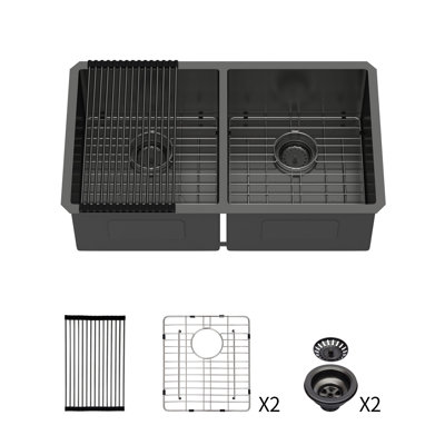 Topcraft 33“ X 19” X 10" Undermount 16-Gauge Stainless Steel Double-Bowl Kitchen Sink With Accessories (50/50)