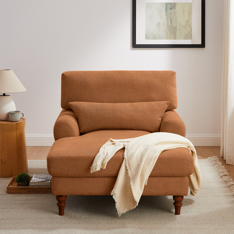 Davene Upholstered Chaise Lounge with Adjustable Backrest, Rust Orange Polyester Blend, Dark Brown