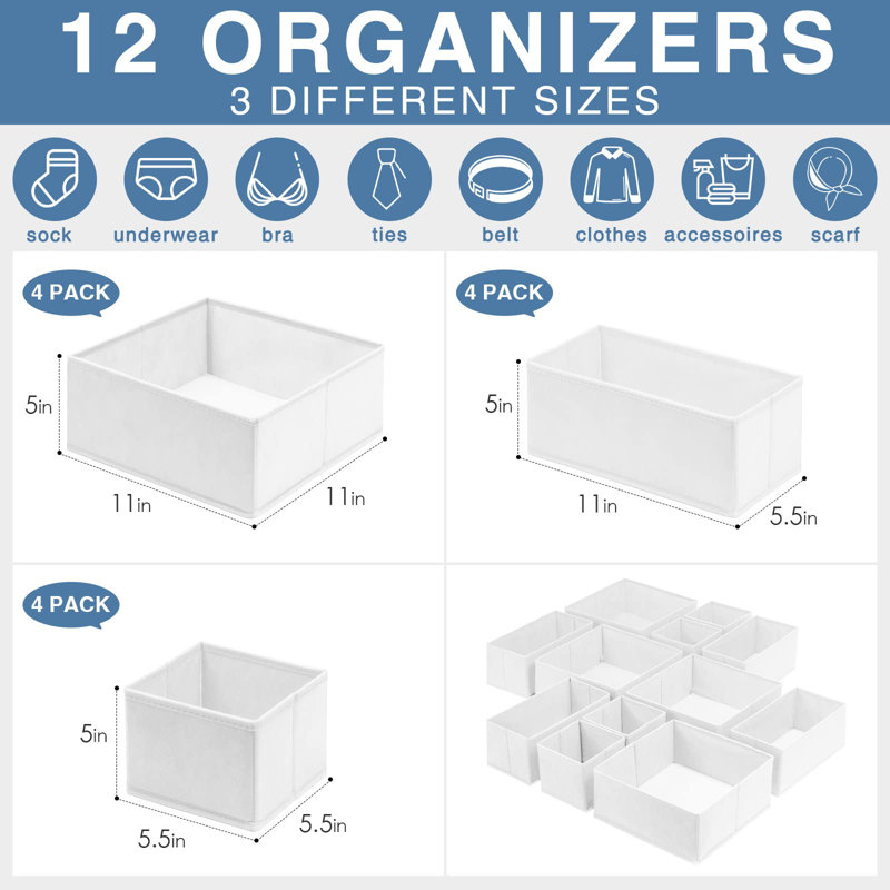 Organisateur de tiroir pour vêtements, lot de 12 bacs de rangement pour sous-vêtements, organisateurs de placard en tissu pliables et rangement, blanc