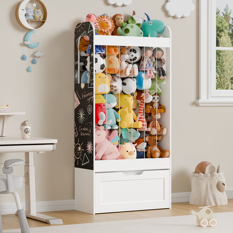 Rangement pour jouets 51,5 po, rangement pour animaux en peluche avec chevalet, armoire de rangement pour jouets avec 2 tableaux bricolage et tiroir mobile pour chambre d'enfant, salle de jeux, chambre de bébé, blanc
