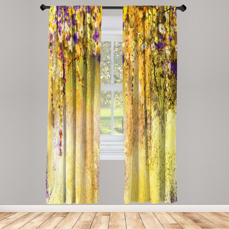 Microfiber Floral Semi-Sheer Rod Pocket Curtain Panels, 28" W x 63" L, Yellow