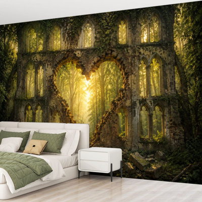 Papier peint adhésif mural en brique ruinée, ensoleillé, vue sur la forêt, ouvertures arquées, papier auto-adhésif amovible, décoration murale pour salon, chambre à coucher H 69 po x l 96 po