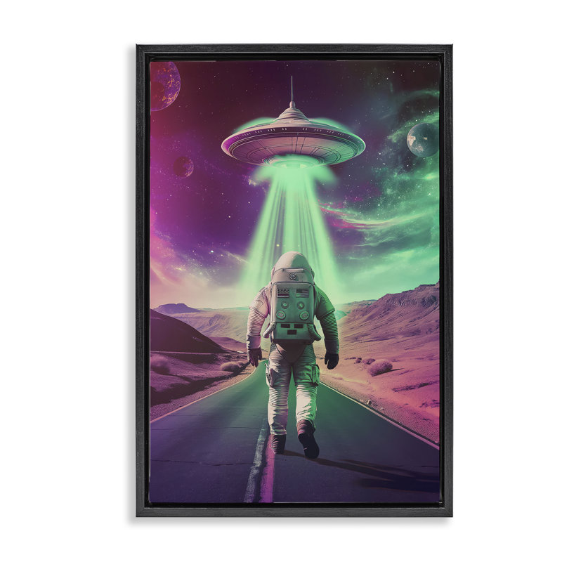 Astronaute marchant vers un cadre flottant UFO, design par Wumples, Cadre flottant noir de jais, H 25 po x l 17 po
