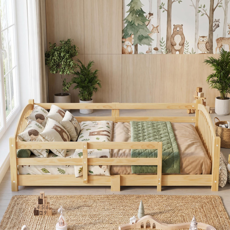 Élégant lit double Montessori avec garde-corps de sécurité - uni, Natural wood