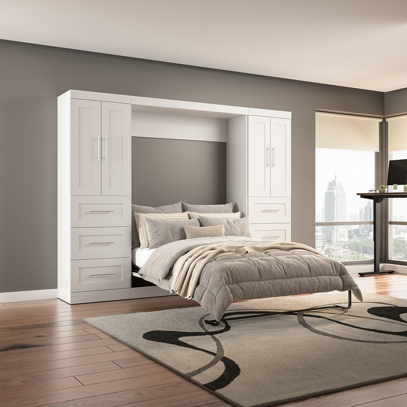 Lit et unités de rangement avec portes et tiroirs Arlex, Blanc, Double