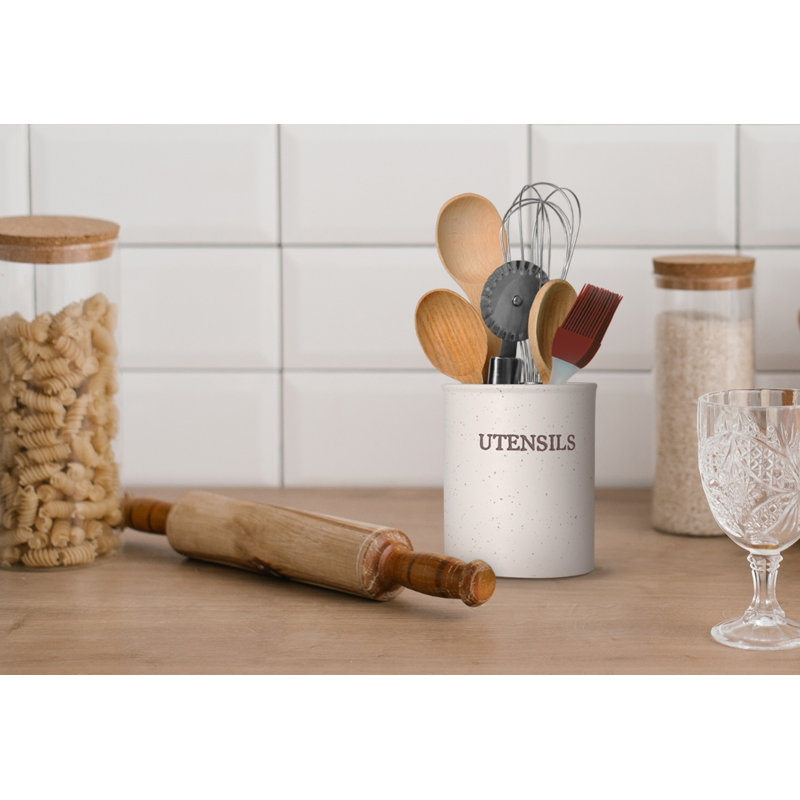 Cream Speckled Ceramic Utensil Crock Holder, 6 Inches