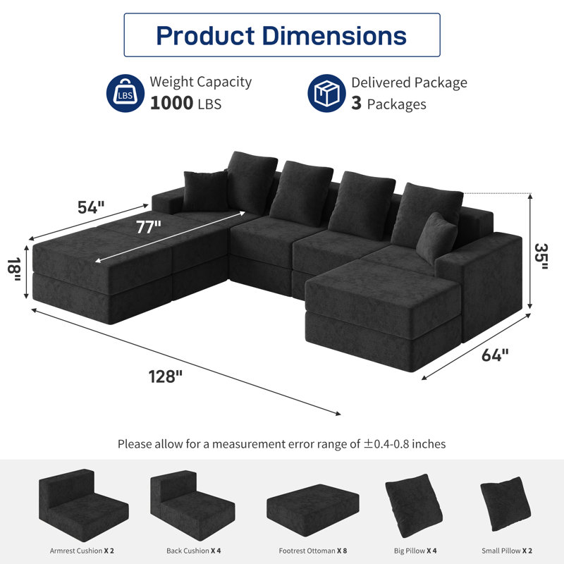 Boneless 128" W Modular Sectional Couch Velvet Sectional Sofa Couch Cloud Sofa Bed with Ottomans Living Room Set